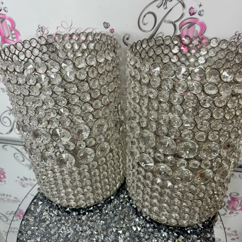 2 Crystal Embellished baskets / bins large rhinestone bling Candle Holders